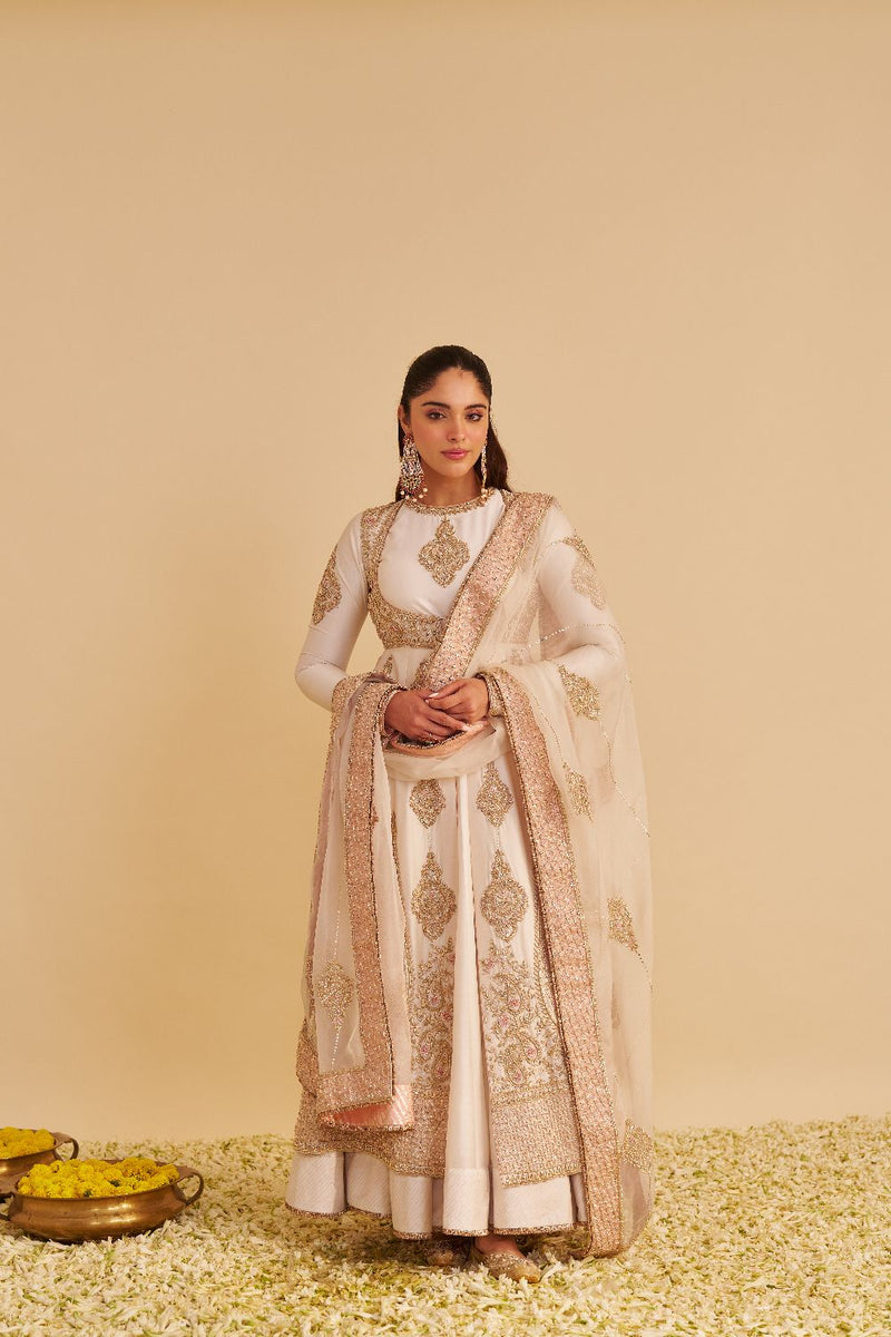 Zainah - Dabka Zardozi Embroidered Silk Daisy Ivory Anarkali Set silk by SHEETAL BATRA in ivory color for women Worldwide