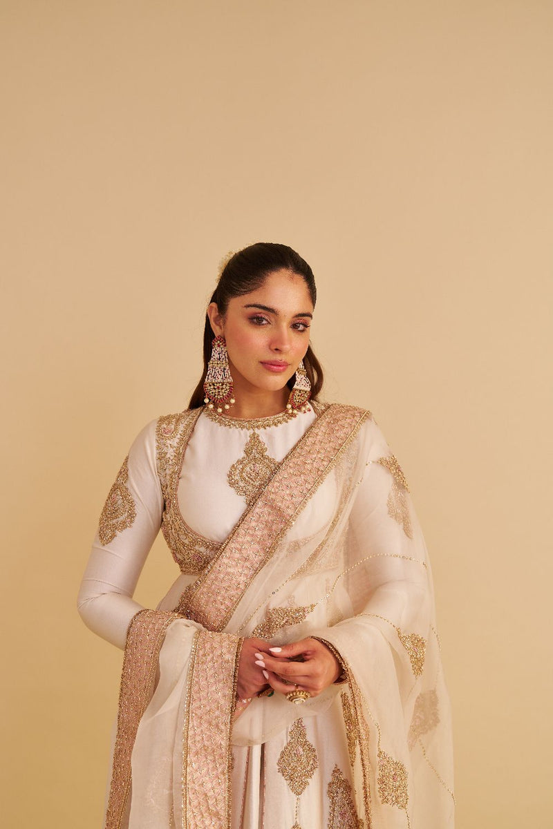 Zainah - Dabka Zardozi Embroidered Silk Daisy Ivory Anarkali Set silk by SHEETAL BATRA in ivory color for women Worldwide
