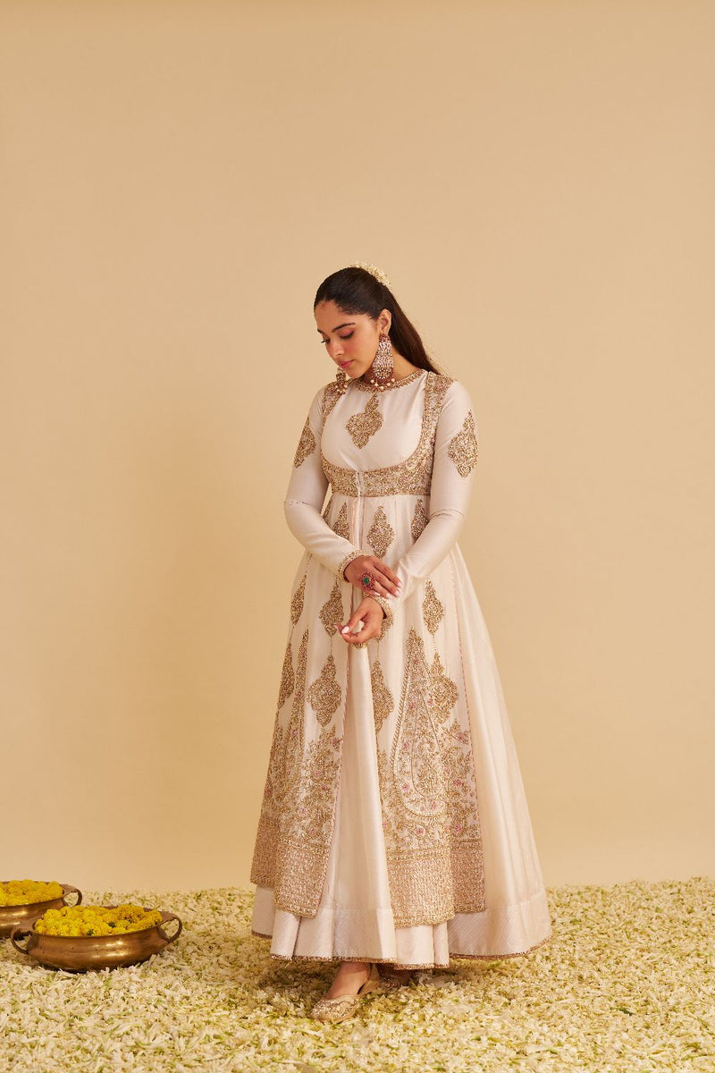 Zainah - Dabka Zardozi Embroidered Silk Daisy Ivory Anarkali Set silk by SHEETAL BATRA in ivory color for women Worldwide