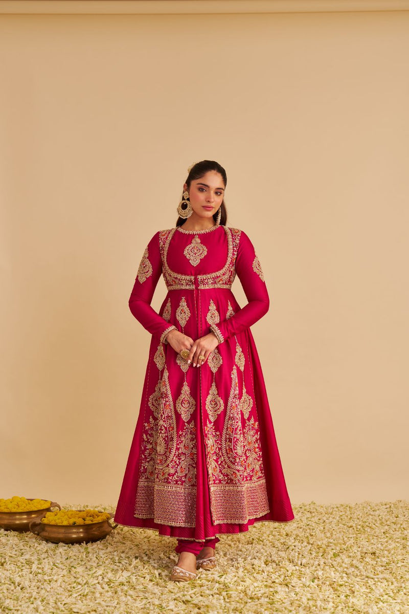 Zainah - Dabka Zardozi Embroidered Silk Hotpink Anarkali Set silk by SHEETAL BATRA in pink color for women Worldwide