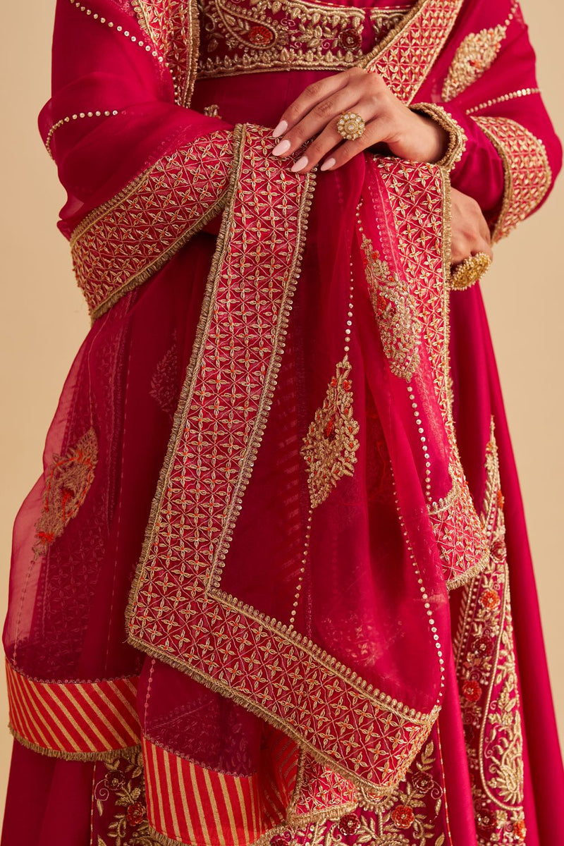 Zainah - Dabka Zardozi Embroidered Silk Hotpink Anarkali Set silk by SHEETAL BATRA in pink color for women Worldwide