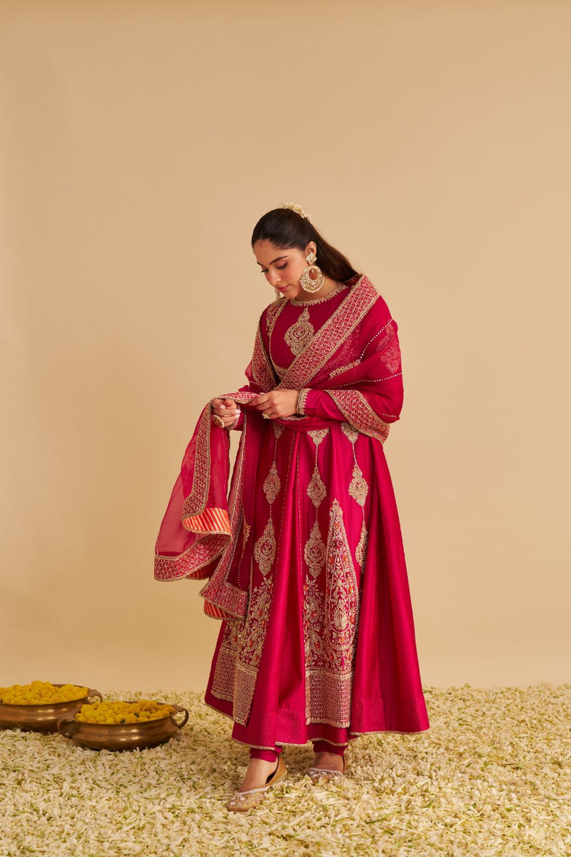 Zainah - Dabka Zardozi Embroidered Silk Hotpink Anarkali Set silk by SHEETAL BATRA in pink color for women Worldwide