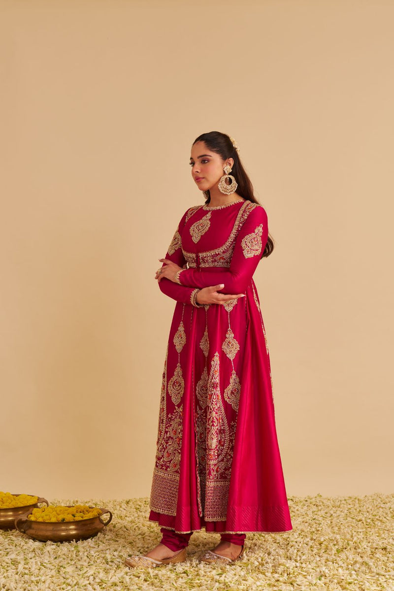 Zainah - Dabka Zardozi Embroidered Silk Hotpink Anarkali Set silk by SHEETAL BATRA in pink color for women Worldwide