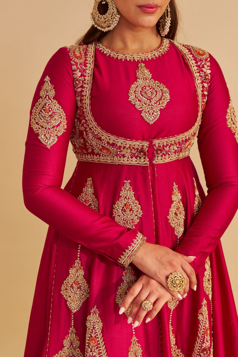 Zainah - Dabka Zardozi Embroidered Silk Hotpink Anarkali Set silk by SHEETAL BATRA in pink color for women Worldwide