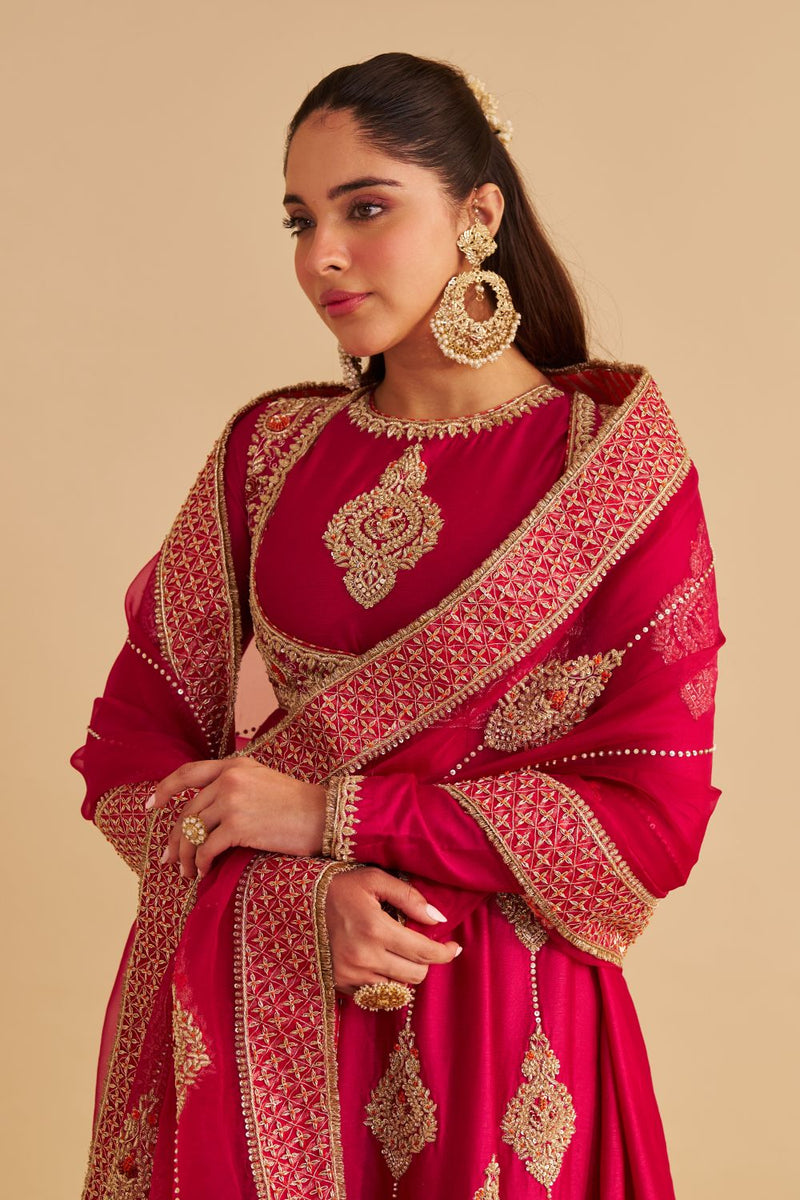 Zainah - Dabka Zardozi Embroidered Silk Hotpink Anarkali Set silk by SHEETAL BATRA in pink color for women Worldwide