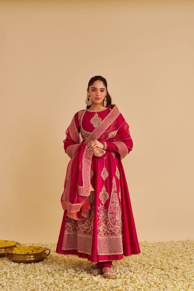 Zainah - Dabka Zardozi Embroidered Silk Hotpink Anarkali Set silk by SHEETAL BATRA in pink color for women Worldwide