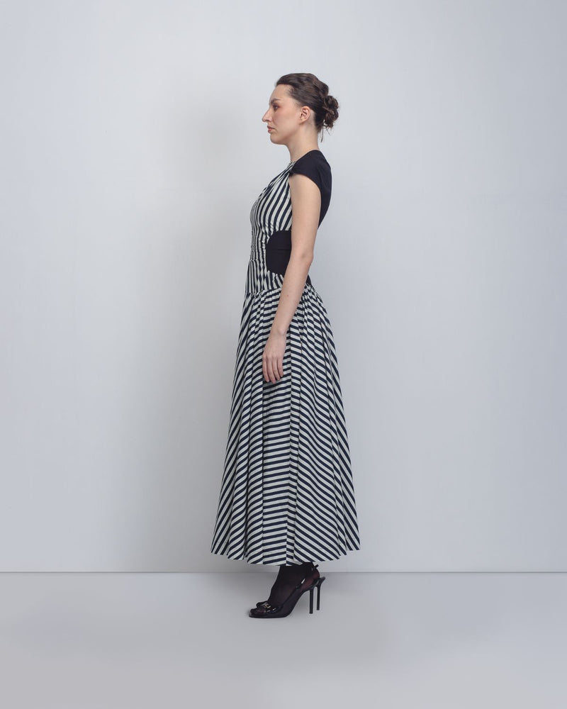 Zellus Dress - Black + White Stripes / Black cotton by Leh Studios in black color for women Worldwide