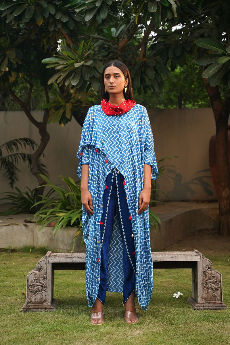 ZIGZAG OVERLAP TOP-BLUE silk by Dyelogue in blue color for women Worldwide