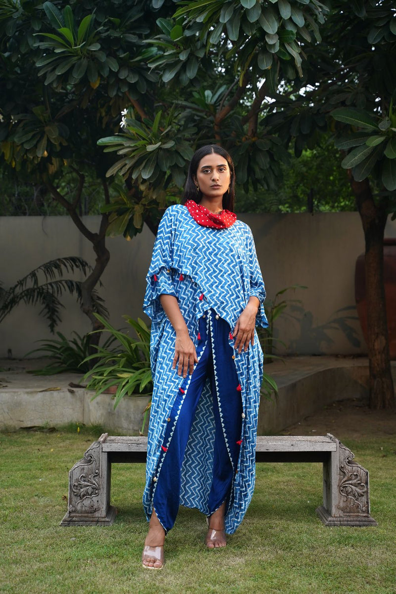 ZIGZAG OVERLAP TOP-BLUE silk by Dyelogue in blue color for women Worldwide