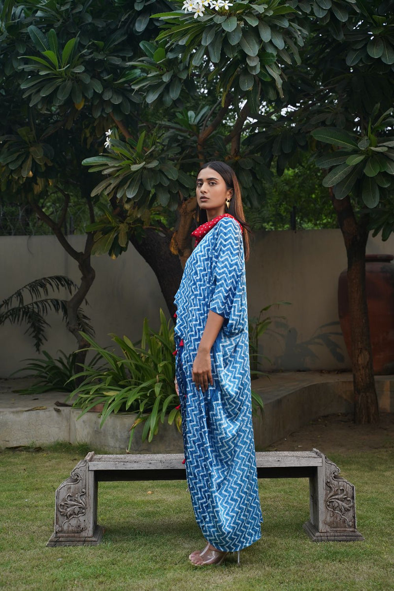 ZIGZAG OVERLAP TOP-BLUE silk by Dyelogue in blue color for women Worldwide