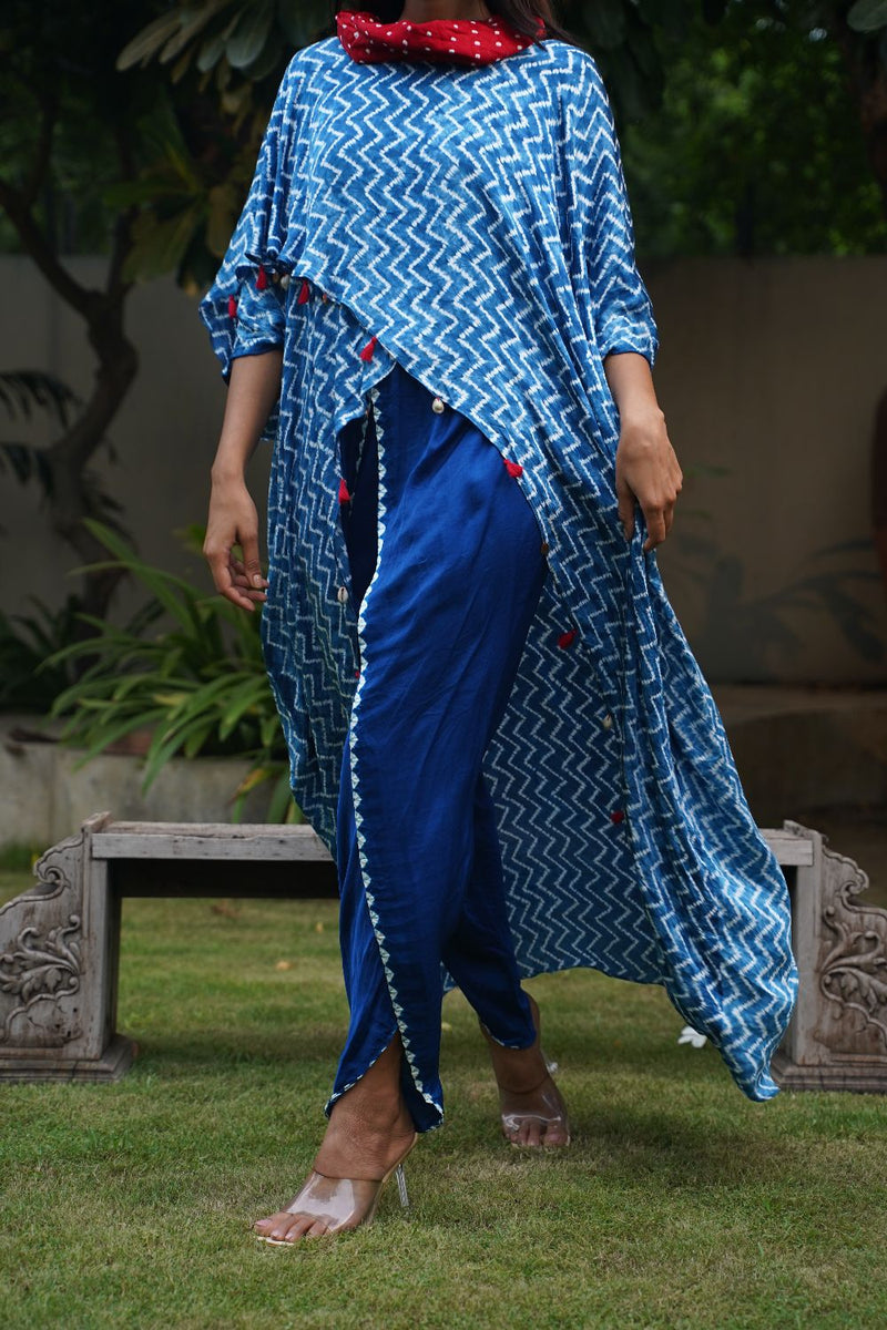 ZIGZAG OVERLAP TOP-BLUE silk by Dyelogue in blue color for women Worldwide