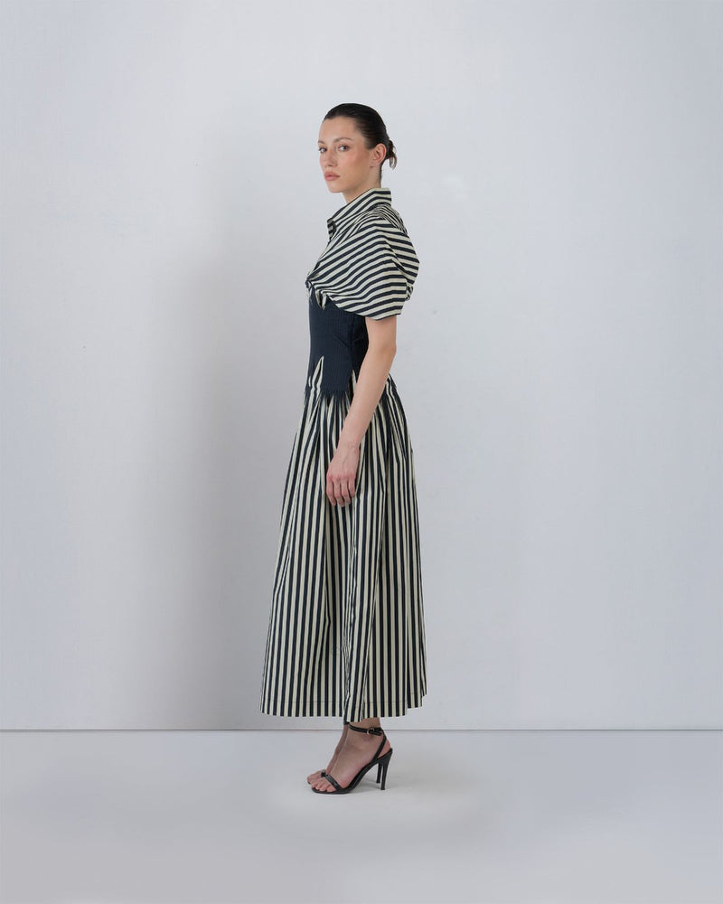 ZORA DRESS - Black/White Stripes dress by Leh Studios in black for women Worldwide