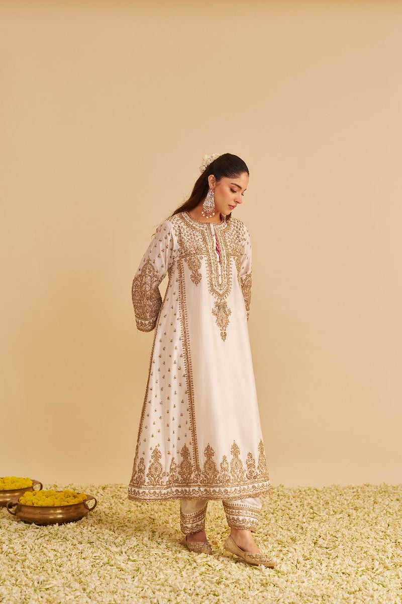 Zoya - Dabka Zardozi Embroidered Rich Banarasi Kalidaar Daisy Ivory Long Chauga Set satin by SHEETAL BATRA in ivory color for women Worldwide