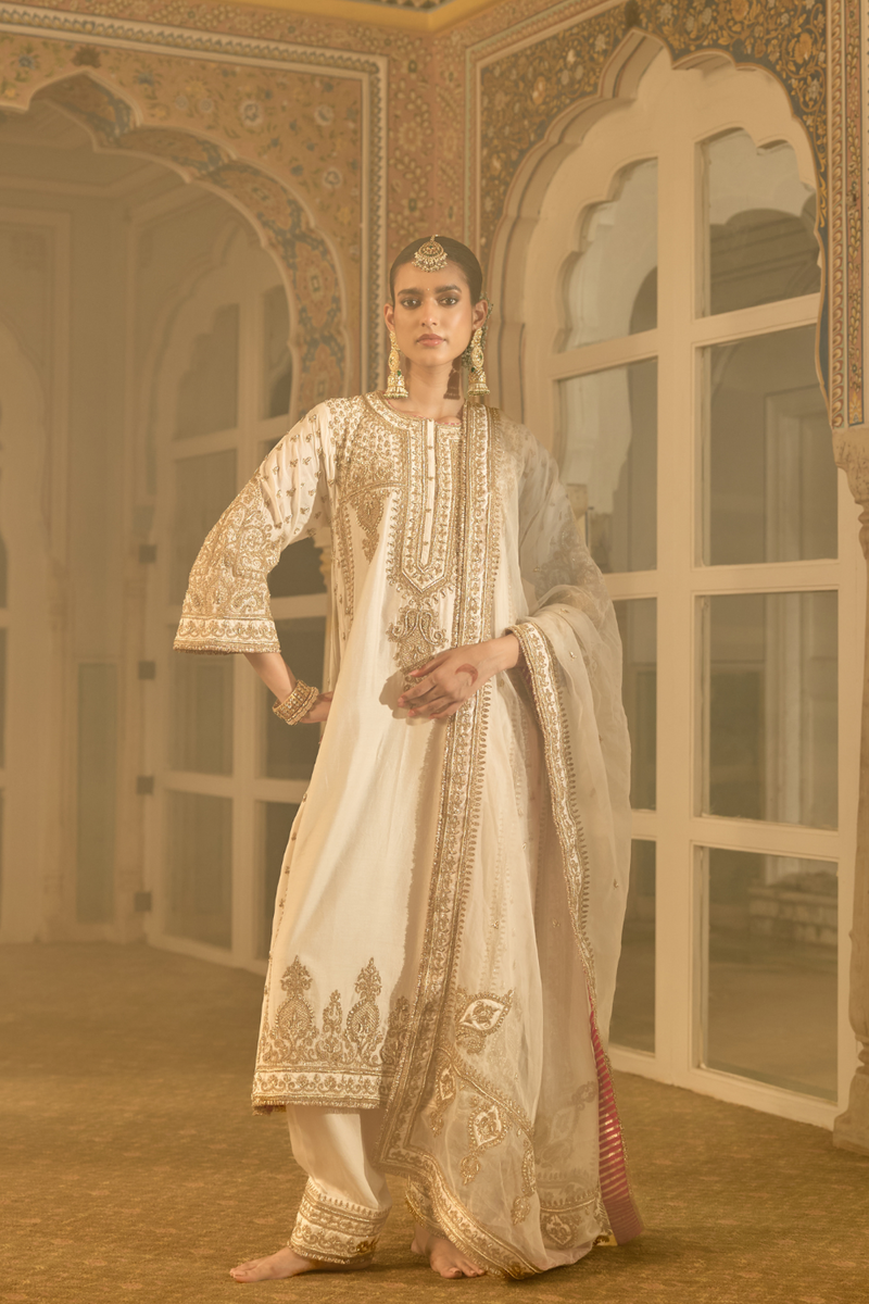 Zoya - Dabka Zardozi Embroidered Rich Banarasi Kalidaar Daisy Ivory Long Chauga Set satin by SHEETAL BATRA in ivory color for women Worldwide