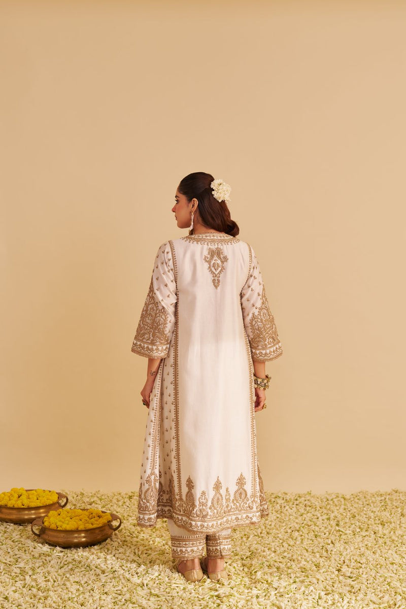 Zoya - Dabka Zardozi Embroidered Rich Banarasi Kalidaar Daisy Ivory Long Chauga Set satin by SHEETAL BATRA in ivory color for women Worldwide