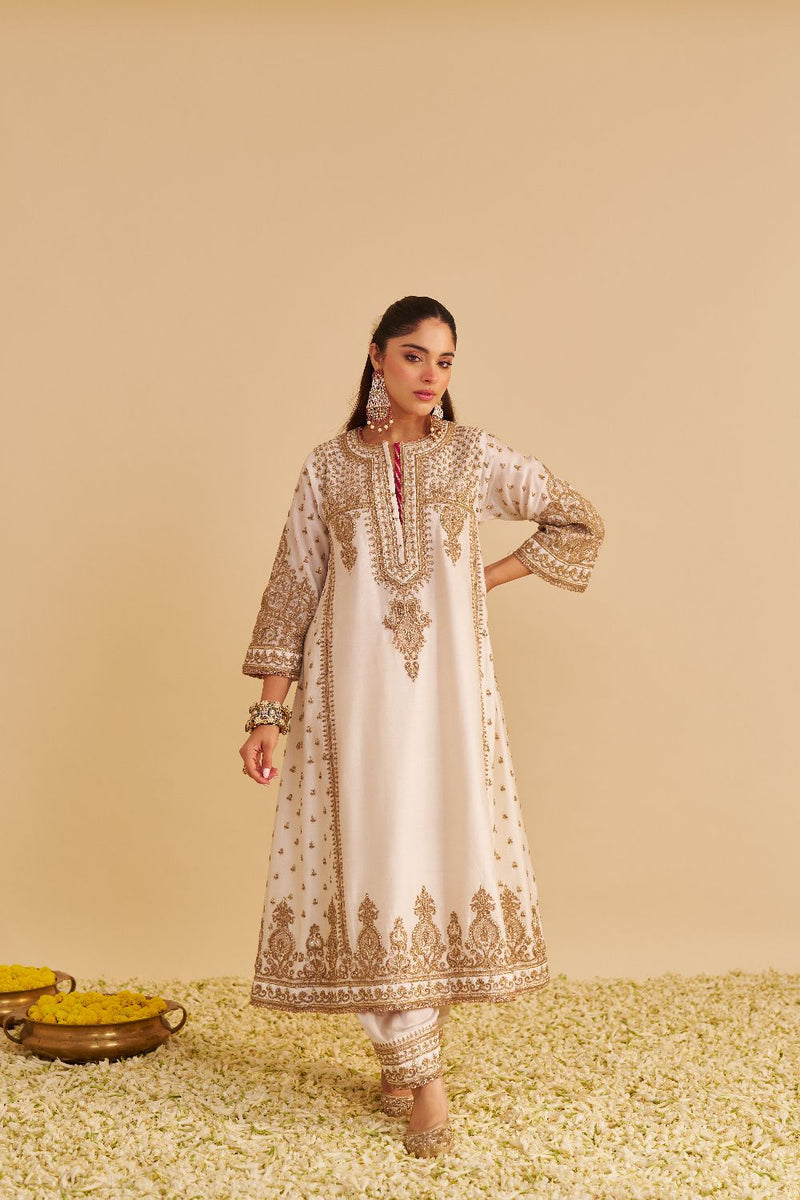 Zoya - Dabka Zardozi Embroidered Rich Banarasi Kalidaar Daisy Ivory Long Chauga Set satin by SHEETAL BATRA in ivory color for women Worldwide