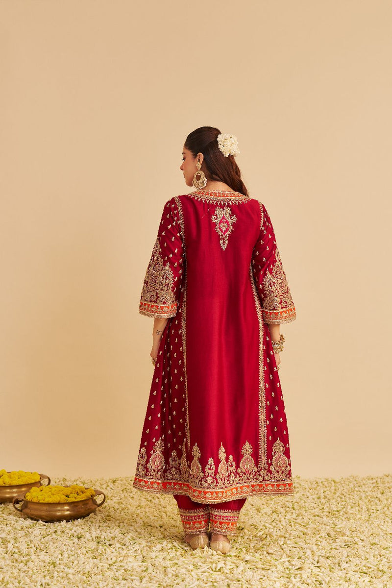 Zoya - Dabka Zardozi Embroidered Rich Banarasi Kalidaar Deep Red Long Chauga Set satin by SHEETAL BATRA in red color for women Worldwide