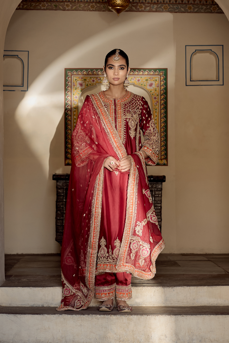 Zoya - Dabka Zardozi Embroidered Rich Banarasi Kalidaar Deep Red Long Chauga Set satin by SHEETAL BATRA in red color for women Worldwide