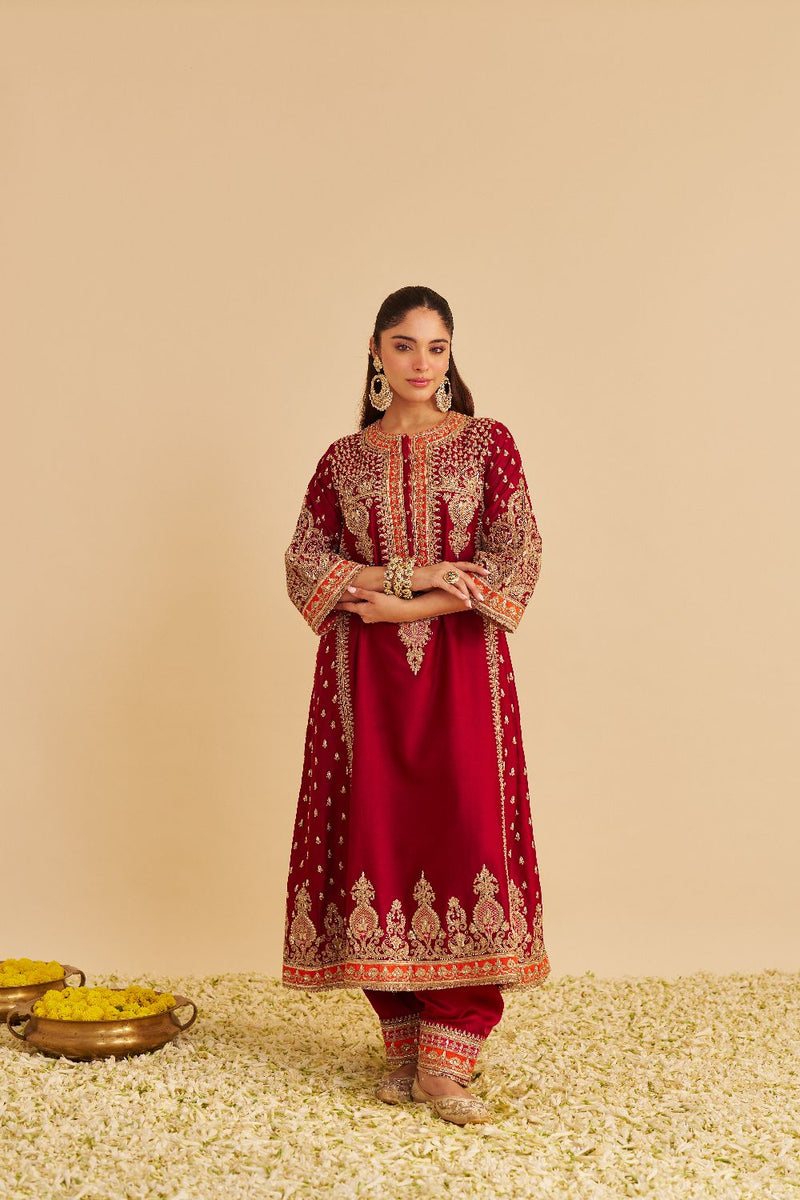 Zoya - Dabka Zardozi Embroidered Rich Banarasi Kalidaar Deep Red Long Chauga Set satin by SHEETAL BATRA in red color for women Worldwide