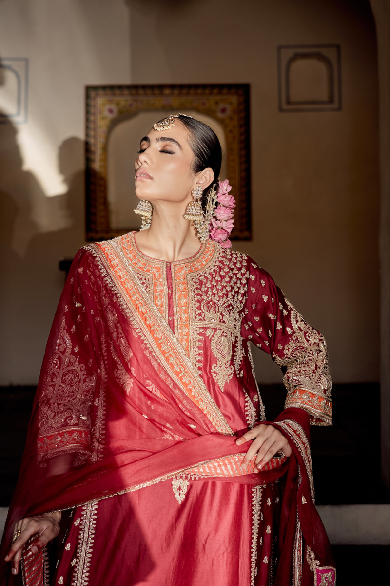 Zoya - Dabka Zardozi Embroidered Rich Banarasi Kalidaar Deep Red Long Chauga Set satin by SHEETAL BATRA in red color for women Worldwide