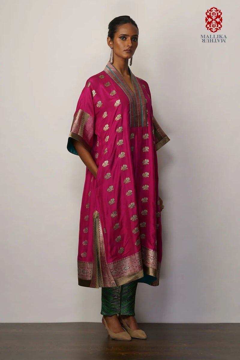 Zarkashi' phiran magenta silk silk kurta/kurta set by Malika Mathur in pink for women Worldwide