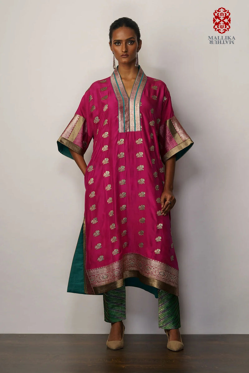 Zarkashi' phiran magenta silk silk kurta/kurta set by Malika Mathur in pink for women Worldwide