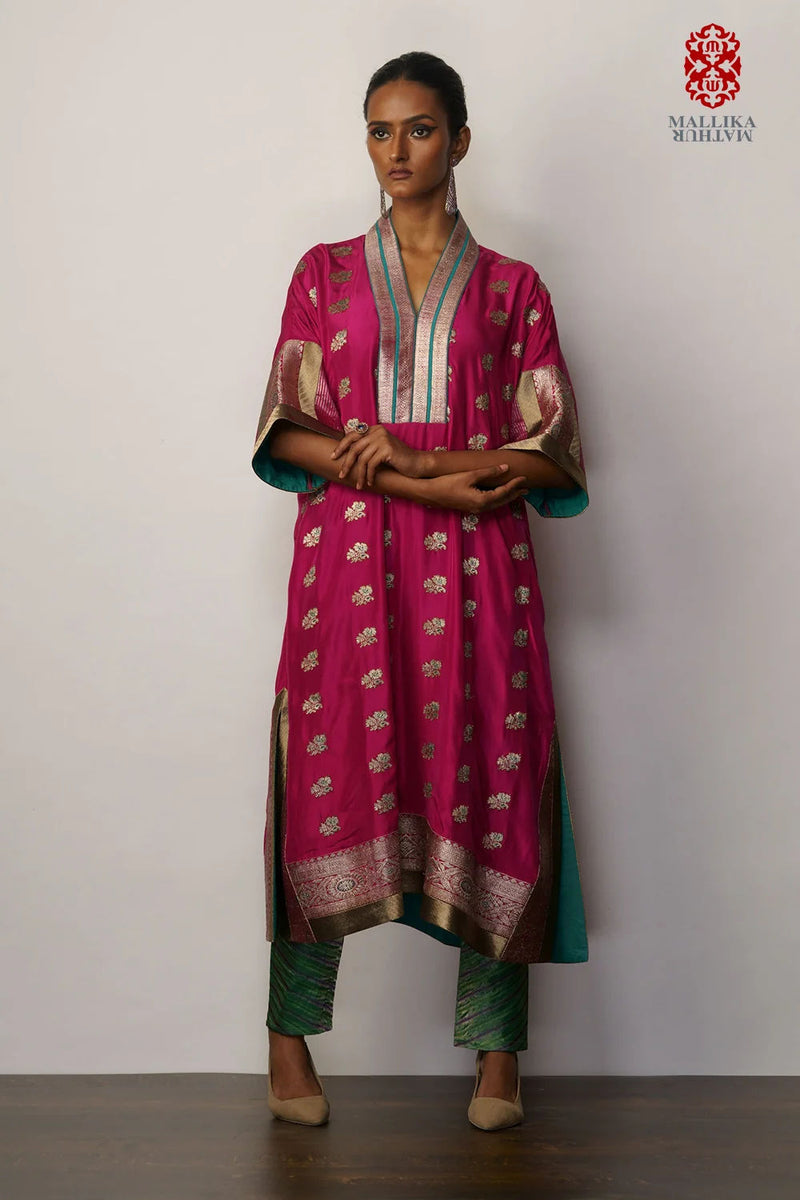 Zarkashi' phiran magenta silk silk kurta/kurta set by Malika Mathur in pink for women Worldwide