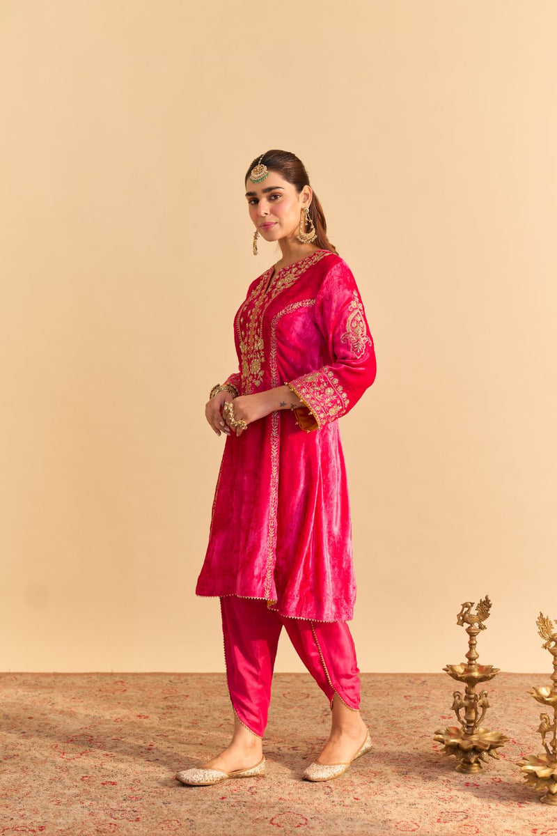 Ziara - Hotpink Kurta with Dhoti silk by SHEETAL BATRA in pink color for women Worldwide