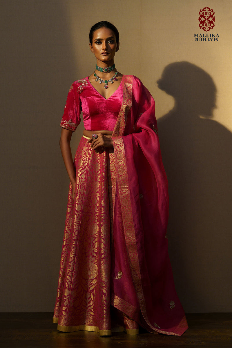 Zinnia Blouse velvet fushiya pink by Mallika Mathur in pink color for women Worldwide