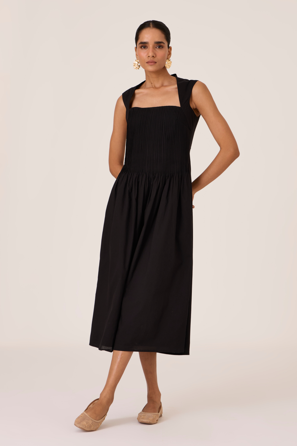 Ziva Black Pleated Midi Dress