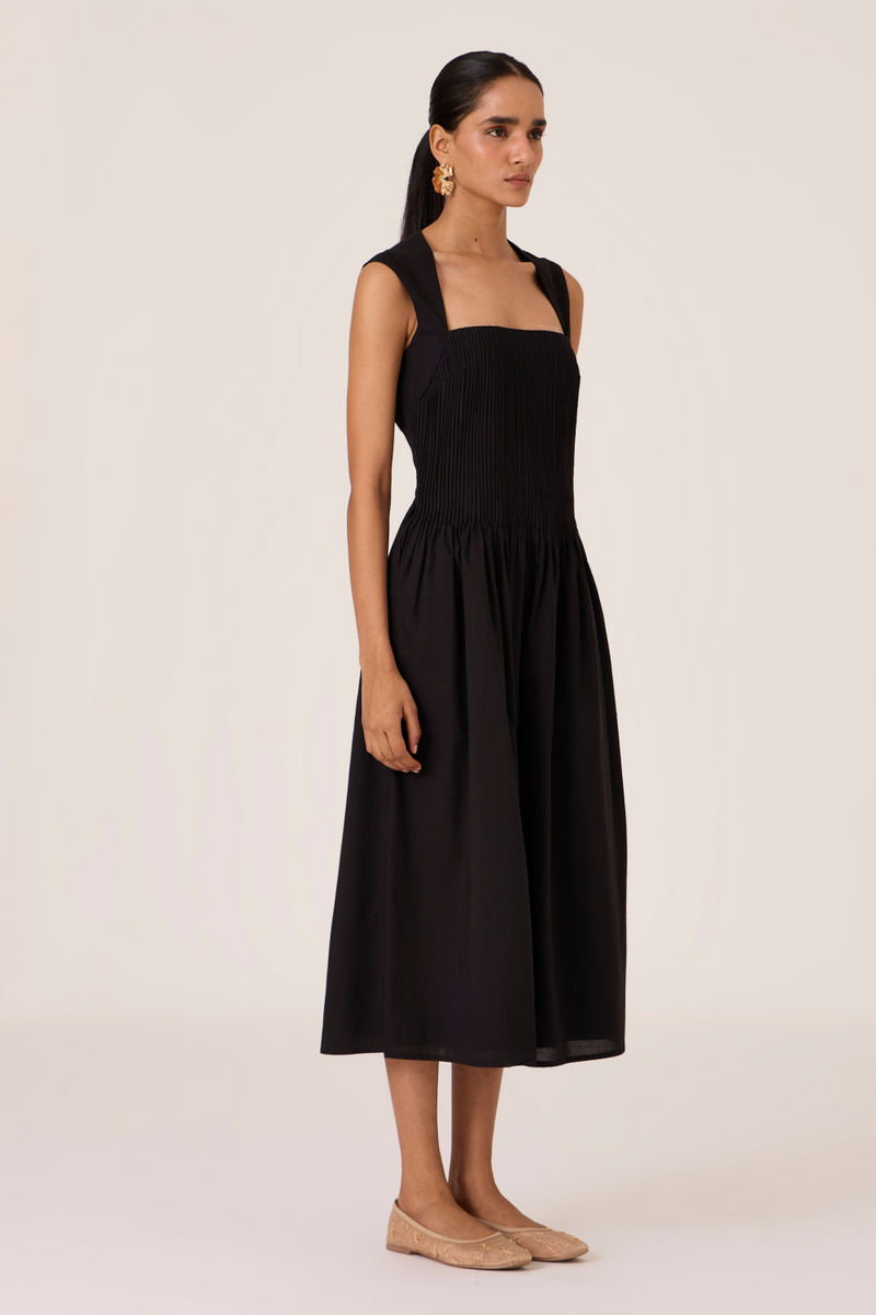 Ziva Black Pleated Midi Dress cotton by The Summer House in black color for women Worldwide