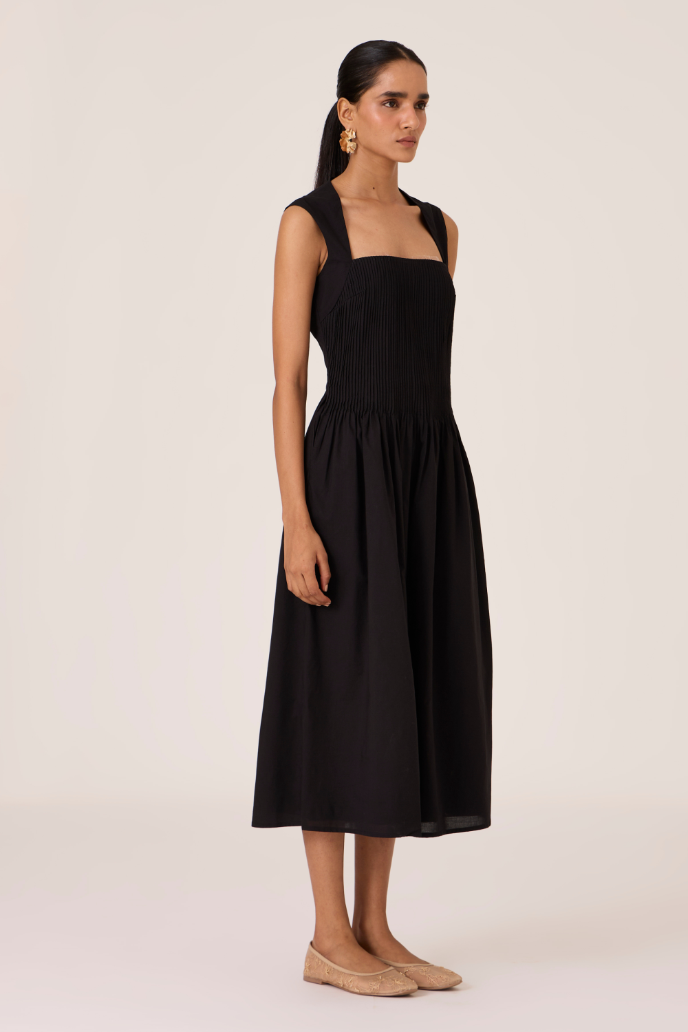 Ziva Black Pleated Midi Dress