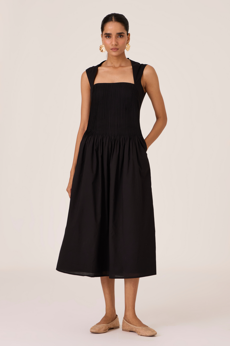 Ziva Black Pleated Midi Dress cotton by The Summer House in black color for women Worldwide