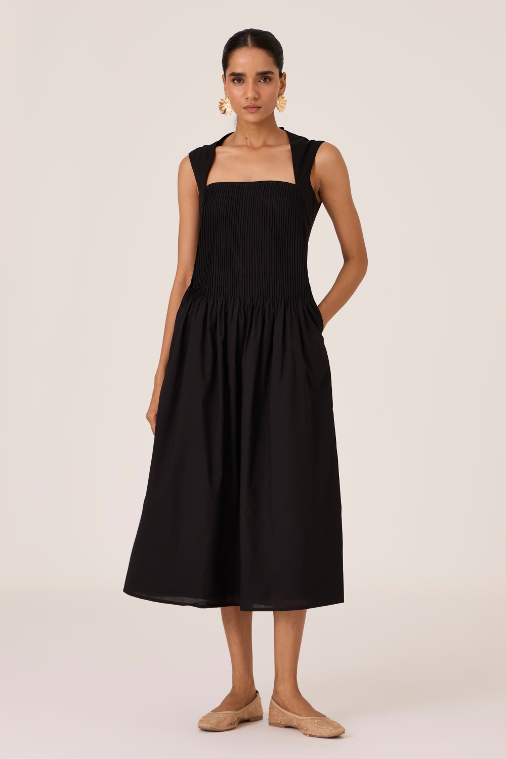 Ziva Black Pleated Midi Dress