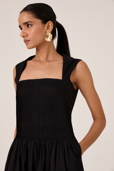 Ziva Black Pleated Midi Dress