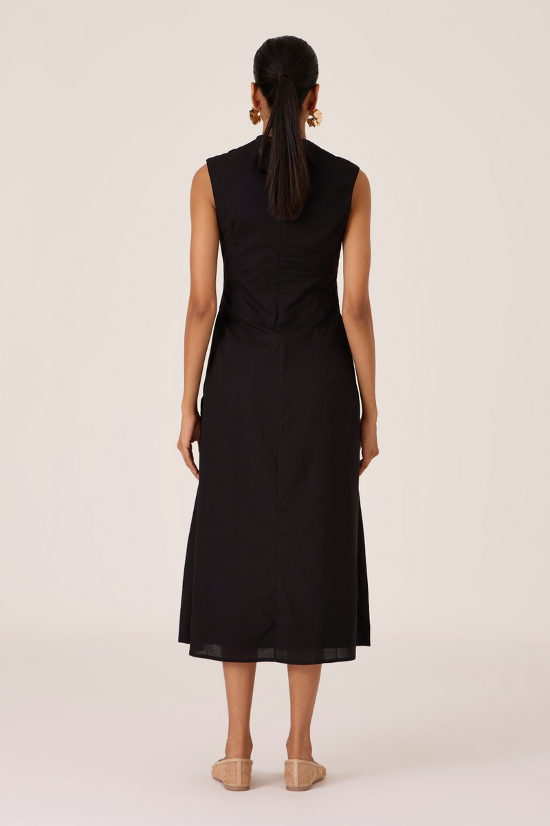 Ziva Black Pleated Midi Dress cotton by The Summer House in black color for women Worldwide
