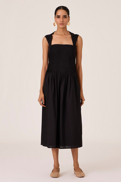 Ziva Black Pleated Midi Dress