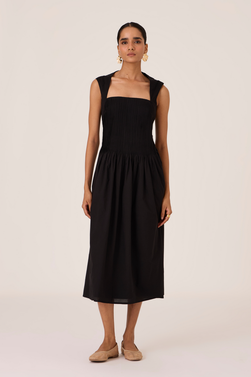 Ziva Black Pleated Midi Dress cotton by The Summer House in black color for women Worldwide