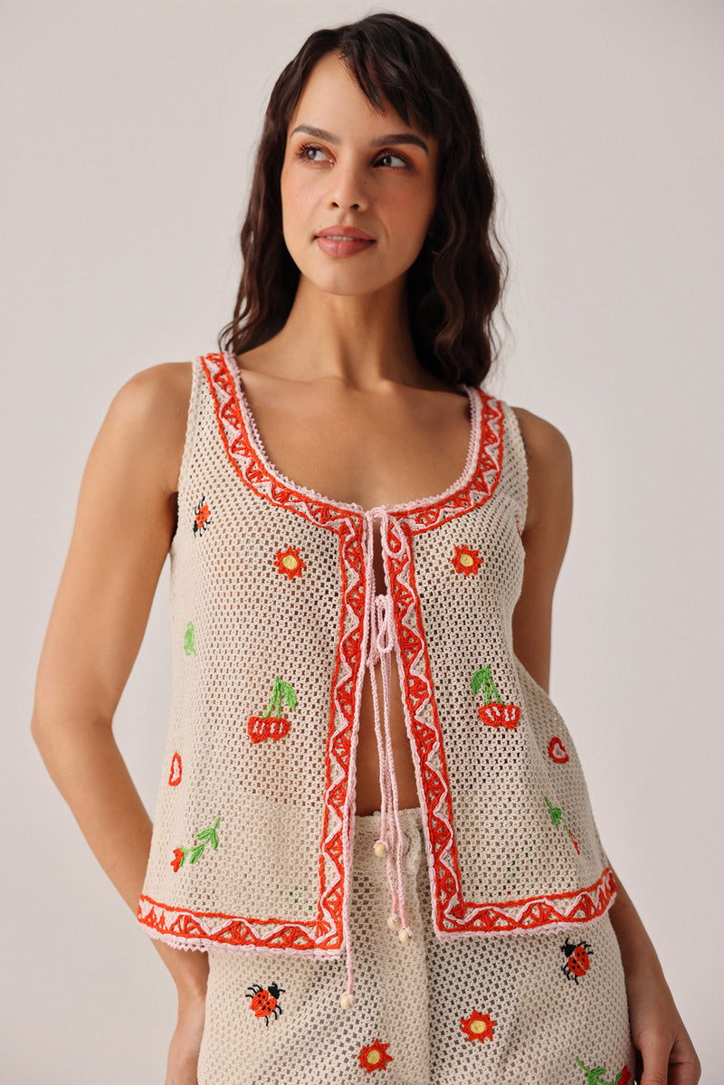Ziva Vest-Ecru crochet resort wear by NOIB in beige for women Worldwide