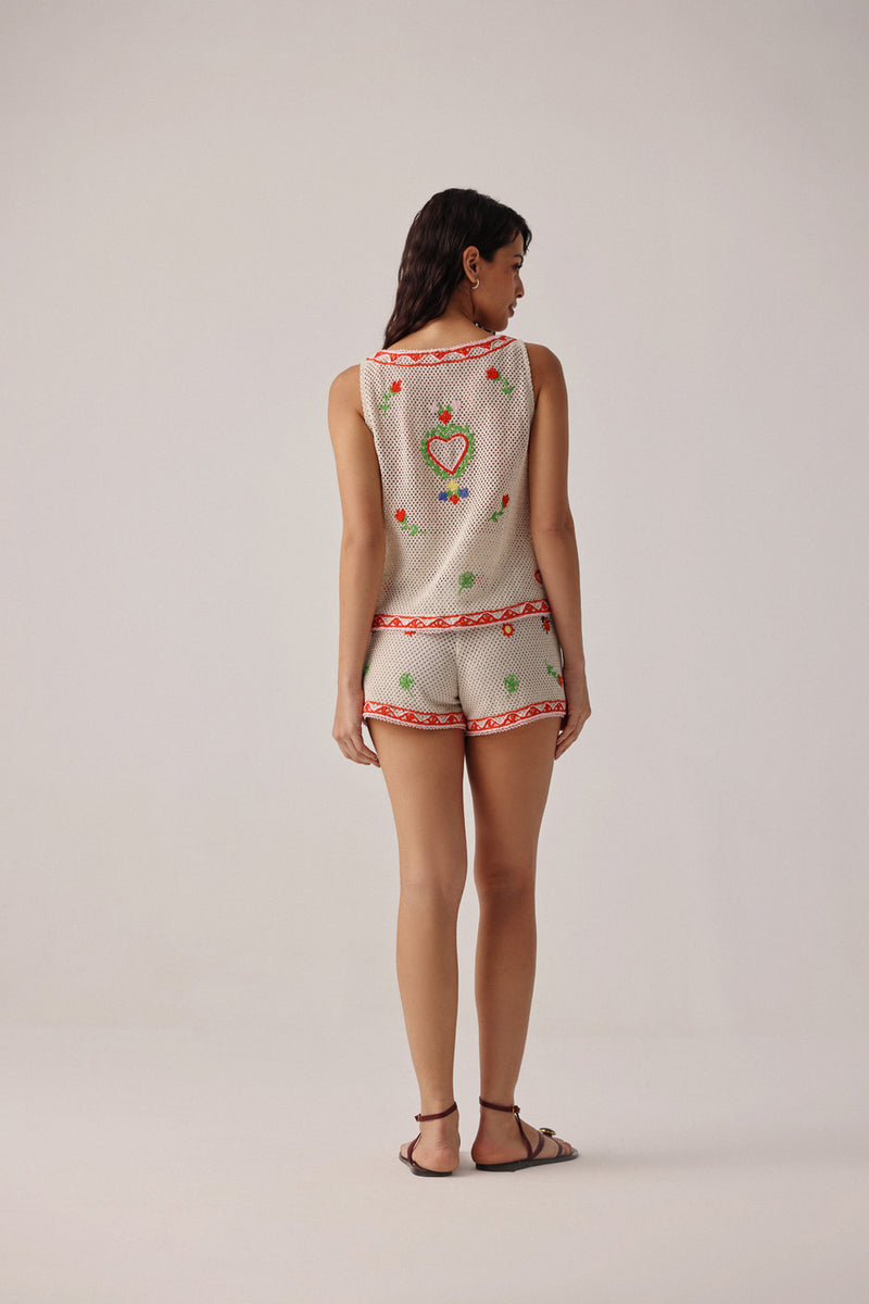 Ziva Vest-Ecru crochet resort wear by NOIB in beige for women Worldwide