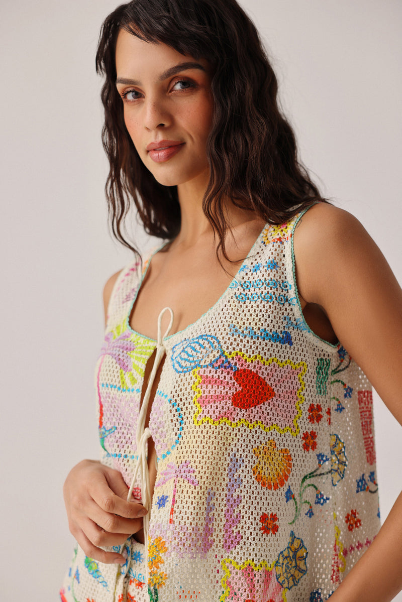 Ziva Vest-Seascape crochet resort wear by NOIB in multi-color for women Worldwide
