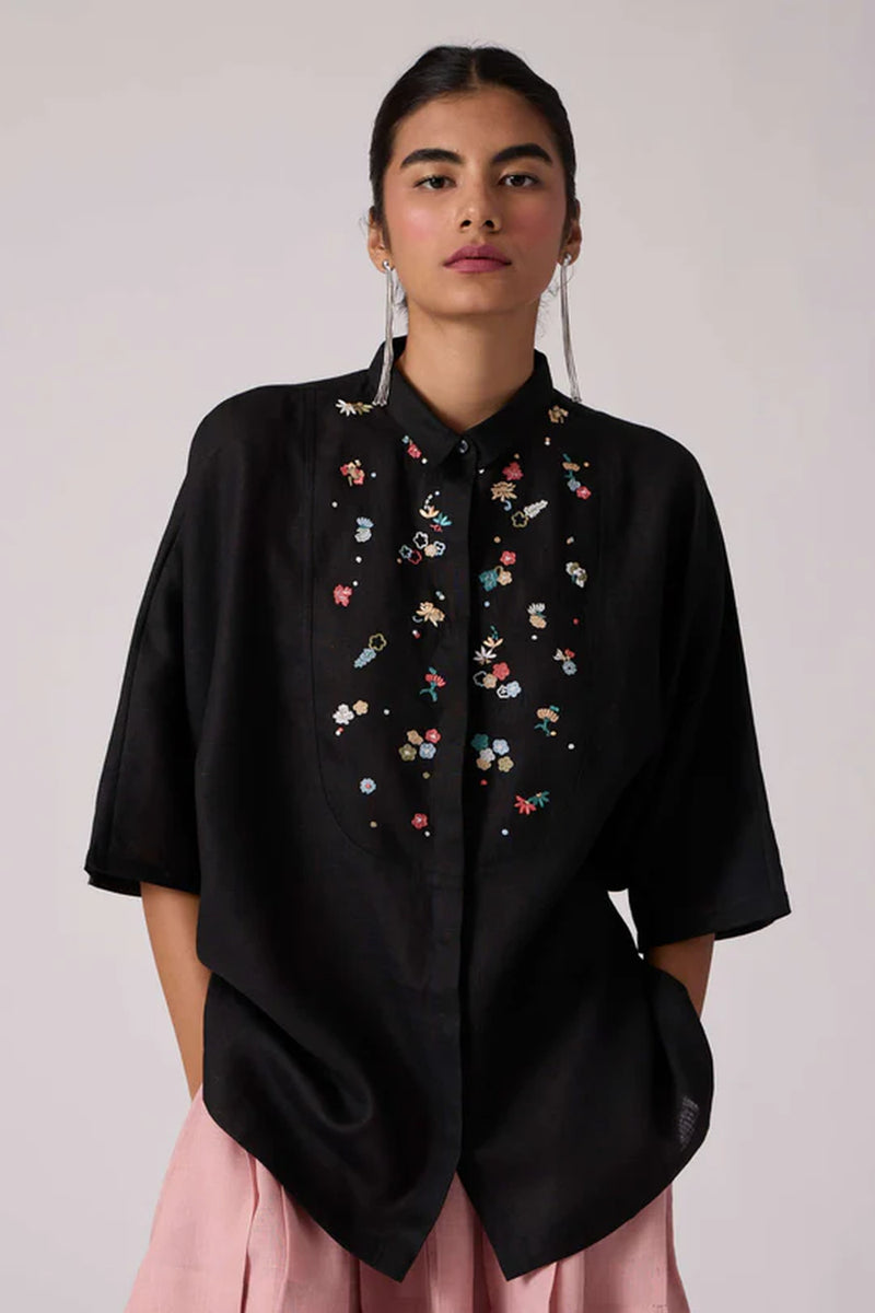 Zuri Noir Shirt 100% linen top/shirt by The Summer House in black for women Worldwide