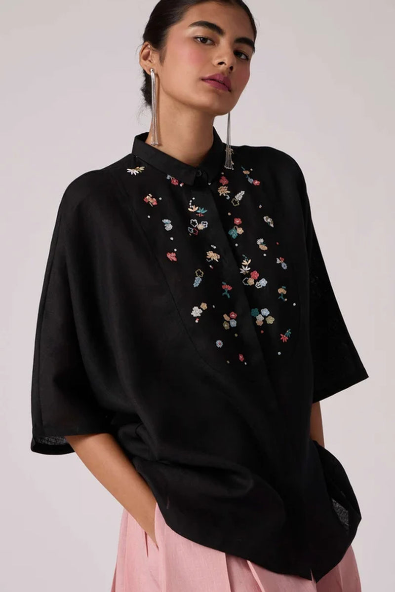 Zuri Noir Shirt 100% linen top/shirt by The Summer House in black for women Worldwide