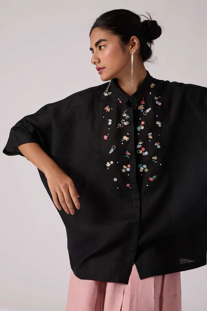Zuri Noir Shirt 100% linen top/shirt by The Summer House in black for women Worldwide