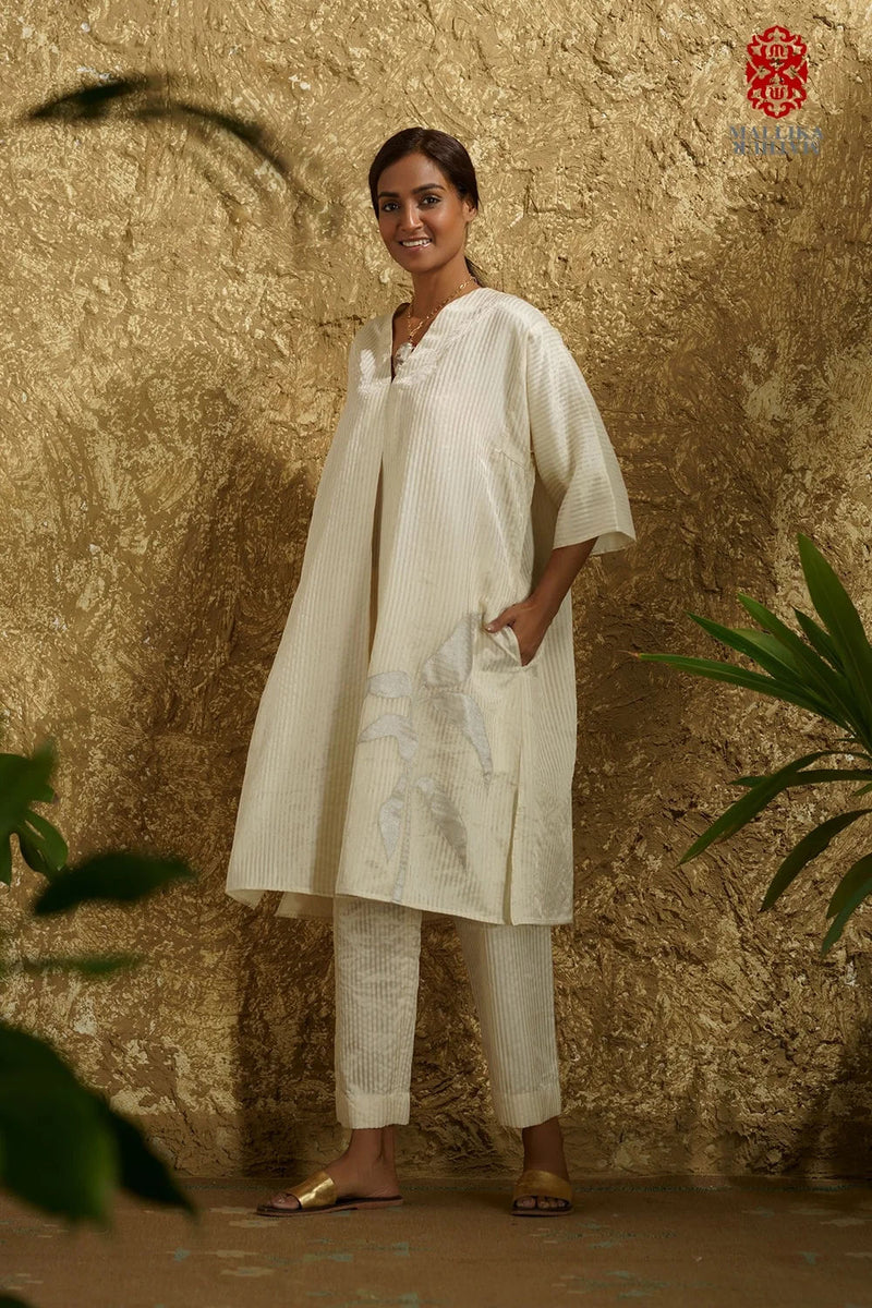 Zuria' Ivory caftan dress kora zari stripes kora kurta/kurta set by Malika Mathur in ivory for women Worldwide