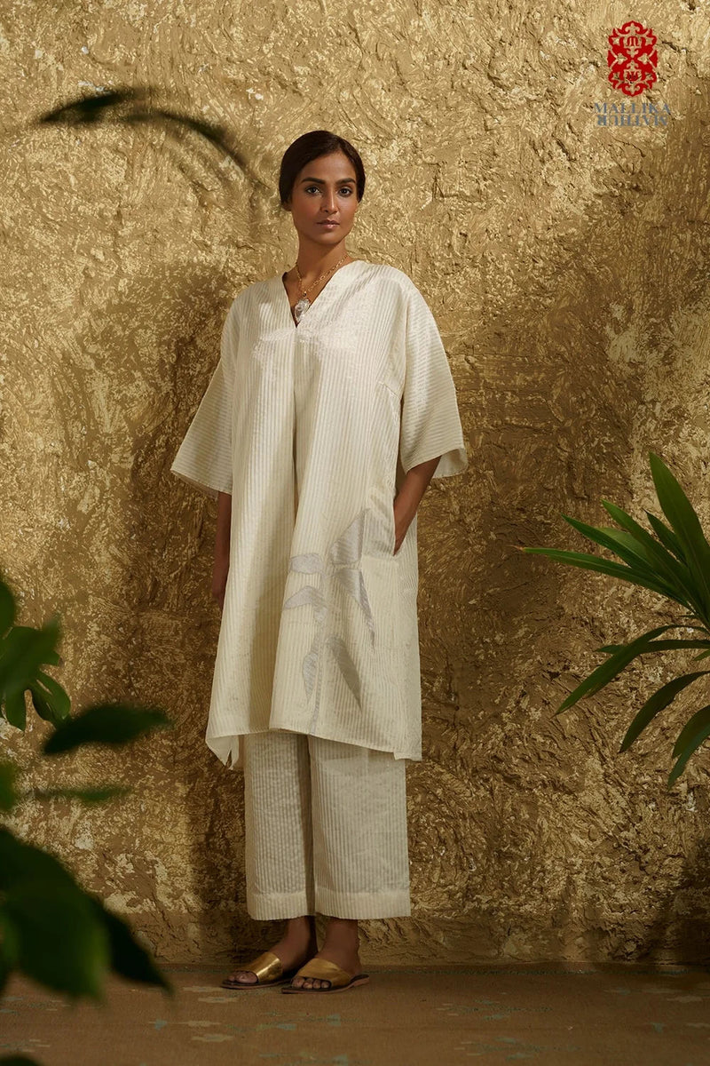 Zuria' Ivory caftan dress kora zari stripes kora kurta/kurta set by Malika Mathur in ivory for women Worldwide