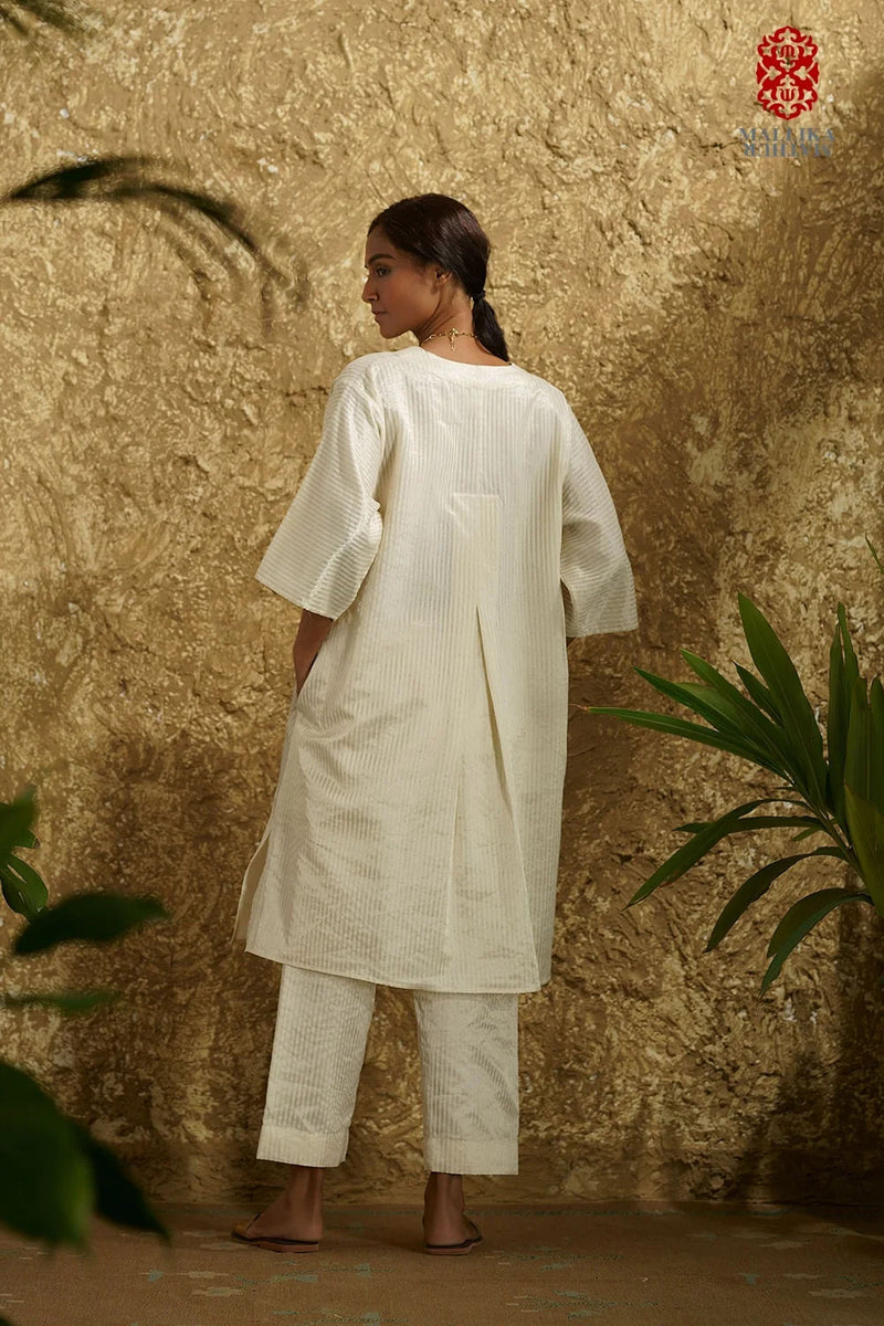 Zuria' Ivory caftan dress kora zari stripes kora kurta/kurta set by Malika Mathur in ivory for women Worldwide