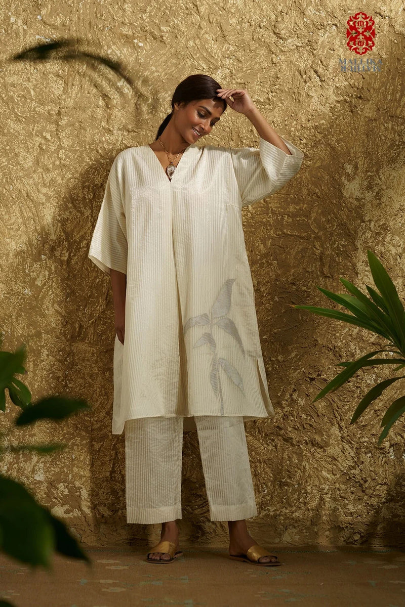 Zuria' Ivory caftan dress kora zari stripes kora kurta/kurta set by Malika Mathur in ivory for women Worldwide