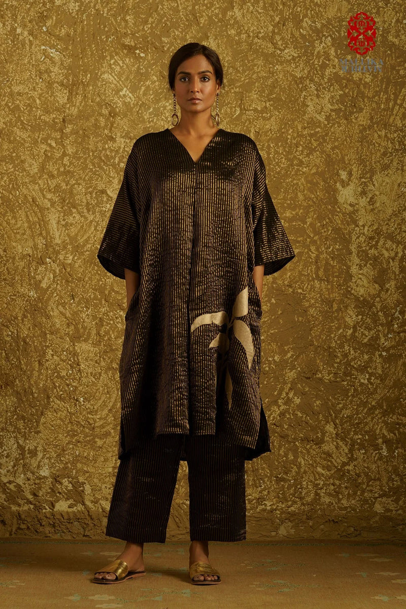Zuria' black caftan dress kora silver Zari stripes kora kurta/kurta set by Malika Mathur in black for women Worldwide