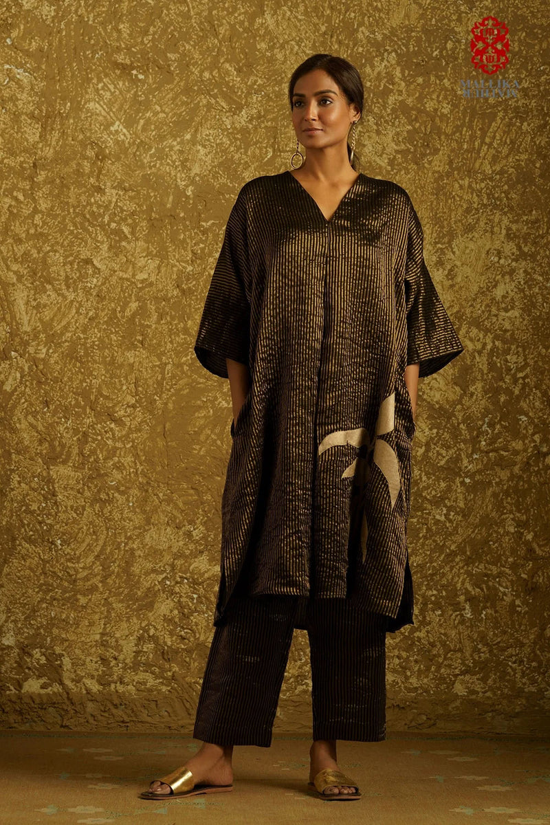 Zuria' black caftan dress kora silver Zari stripes kora kurta/kurta set by Malika Mathur in black for women Worldwide